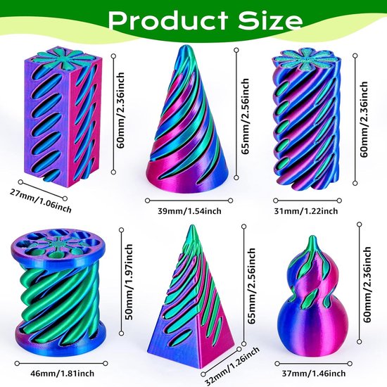 Afmetingen van fidget speelgoed: kegel, piramide, spiraal, spoel en sculptuur in paars, groen en blauw.