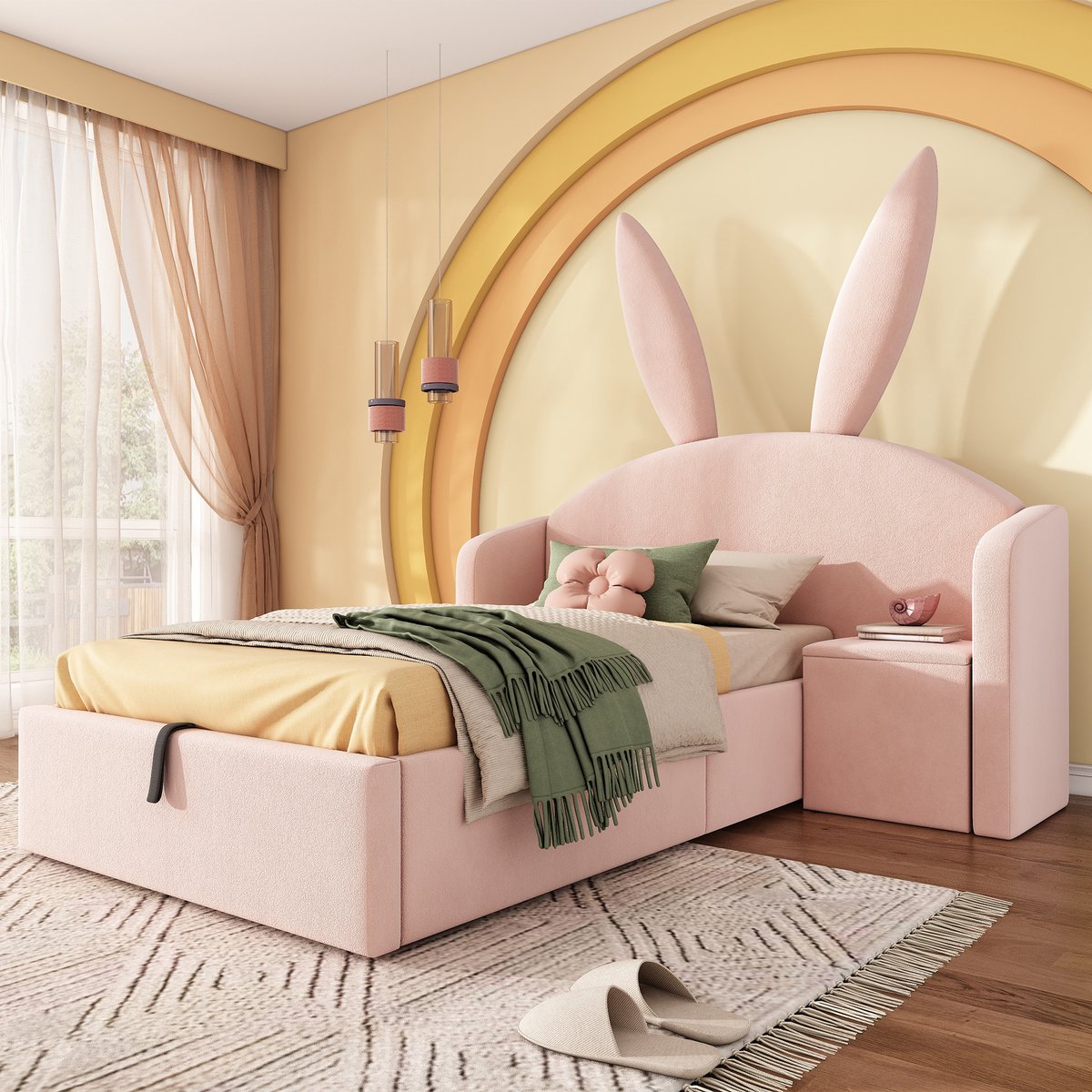 MODFU - Kinderbed - Konijnenoren - Opbergruimte En Verplaatsbaar Nachtkastje - Fluweel - R