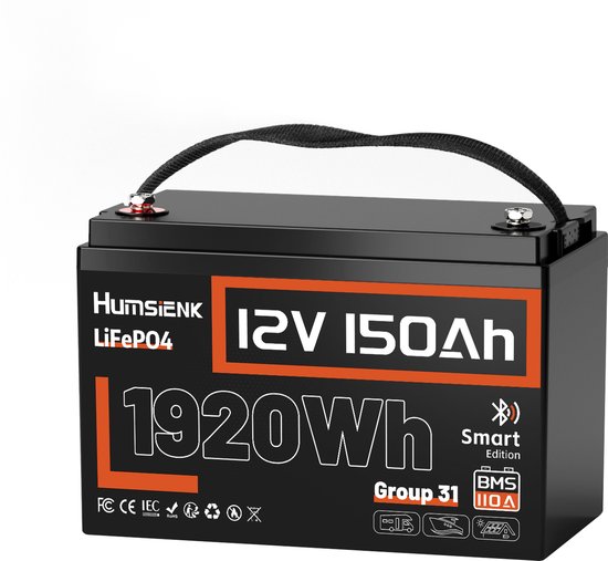 Humsienk 12V 150Ah 1,92 kWh Lithium IJzer-Fosfaat Accu | 31 cellen, ingebouwde 110A BMS | Geschikt voor camper, boot, vissersboot, motorpomp en off-grid gebruik