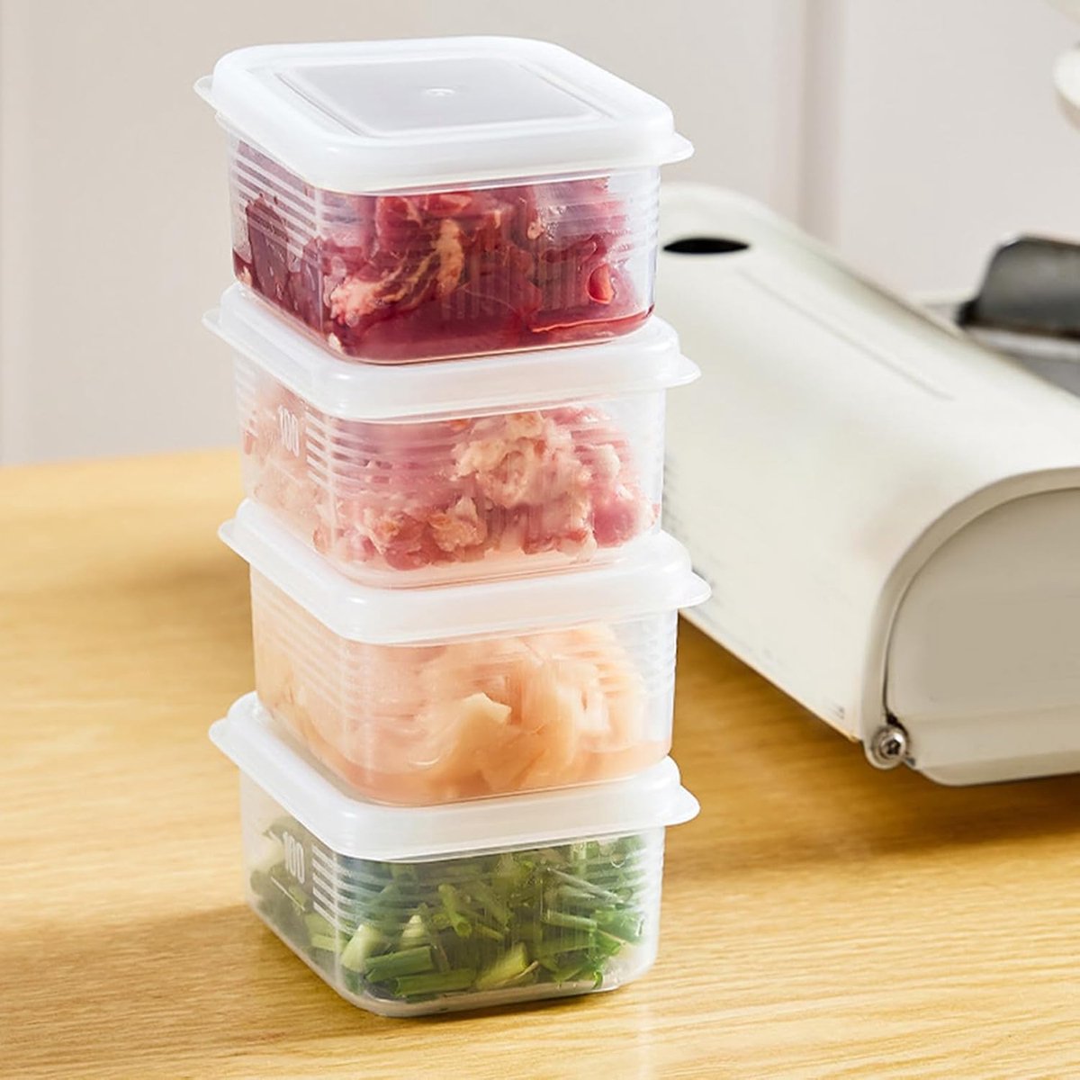 Diepvriesvleesdoos 4-delig - Vriezer organizer - Vriezer opruimen - Goede afdichting - 13x9x6 cm - Wit
