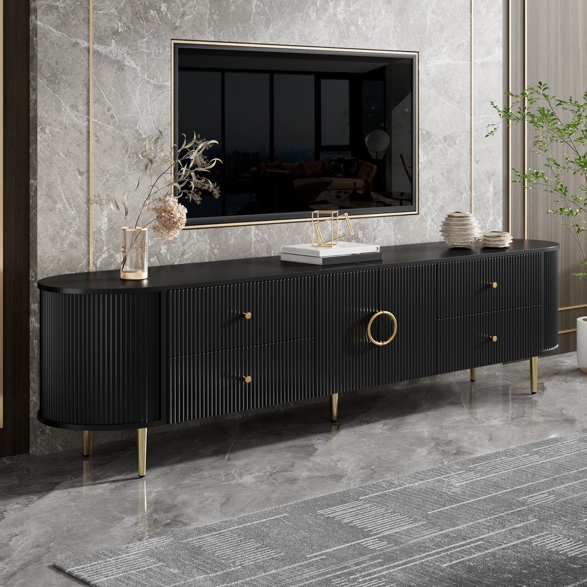 Clruro TV-Meubel - 180 x 40 x 55 cm - 3D Golfstructuur en Kabeldoorvoer - MDF - Zwart