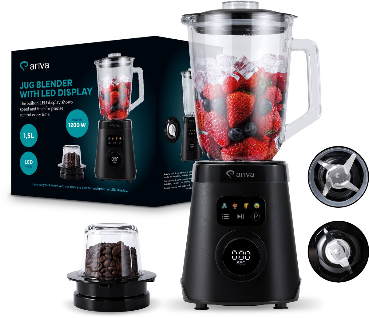ARIVA-Blender-1500W-1.5L-2 in 1-250G kruidenmolen-Ook voor koffiebonen-Auto clean-RVS