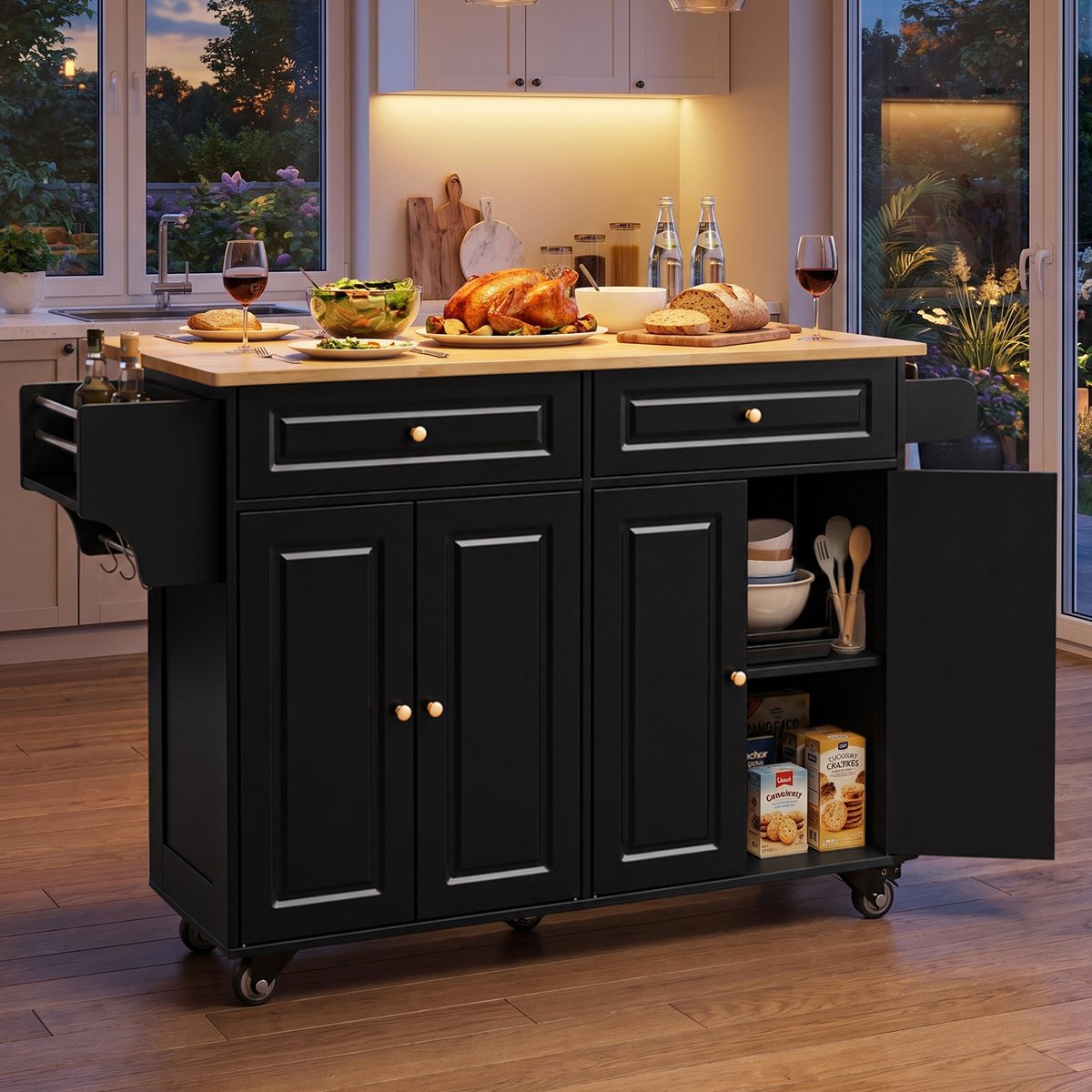 Bealife AK60 Keukentrolley met Opvouwbaar Werkblad – Keukenkar met wielen – 4 deuren & 2 laden – 90 × 116 × 75 cm – Wit & Naturel