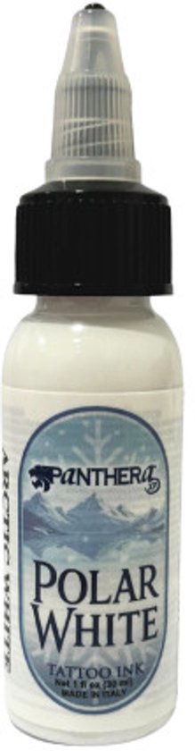 Flesje Panthera Polar White tattoo inkt, arctisch wit, met zwarte dop en druppeltuit.