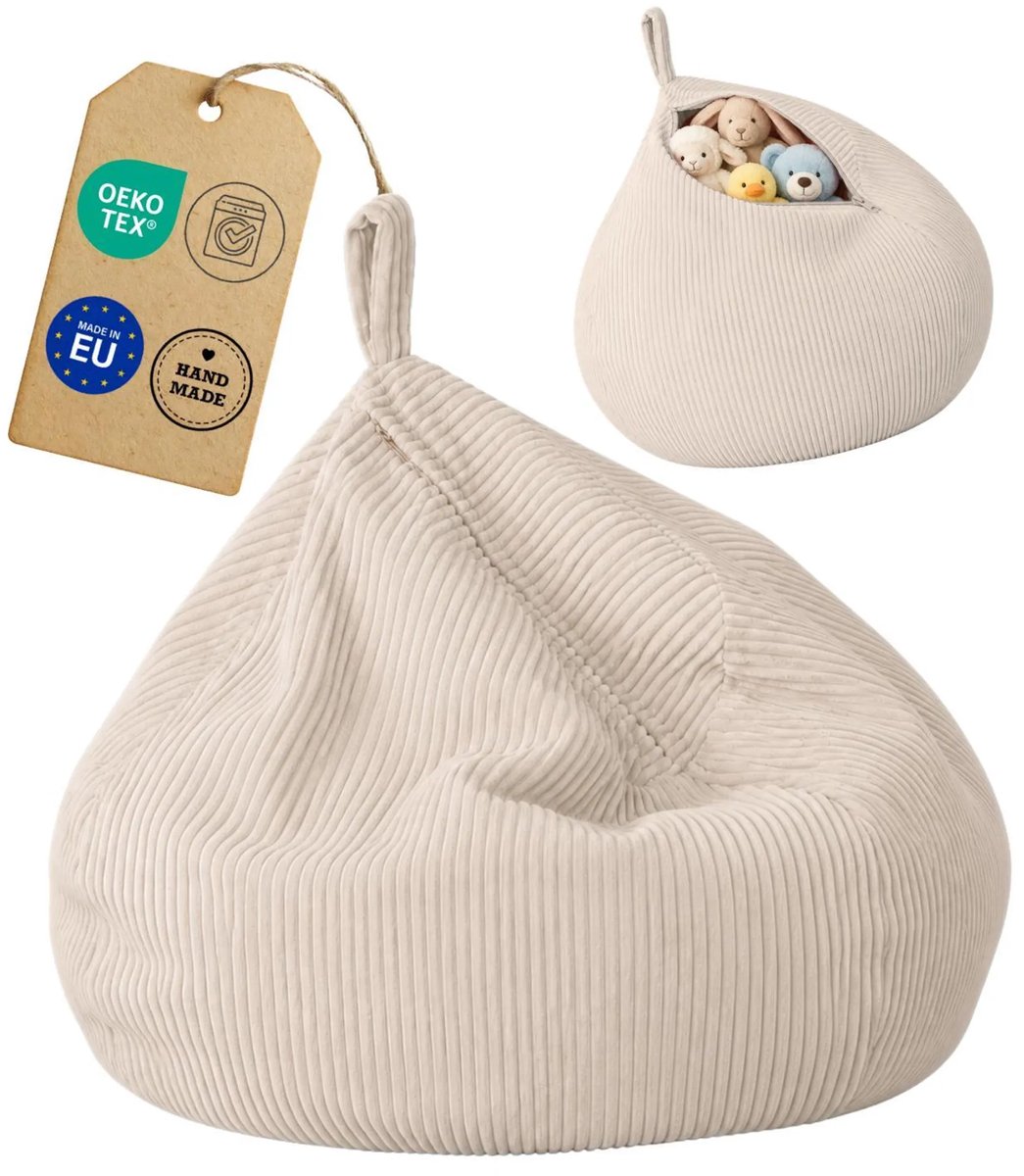 Flumi Corduroy Kids Poef - Speelgoedopslag - Afneembare Hoes - Beige Zitpoef voor Kinderen