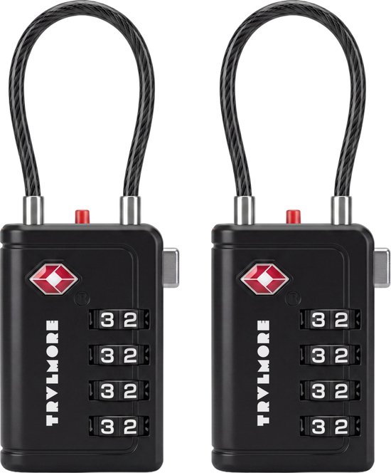 Twee zwarte, 4-cijferige TSA-goedgekeurde koffersloten met flexibele kabels en rode indicator. Het "TRYLMORE" logo staat erop.