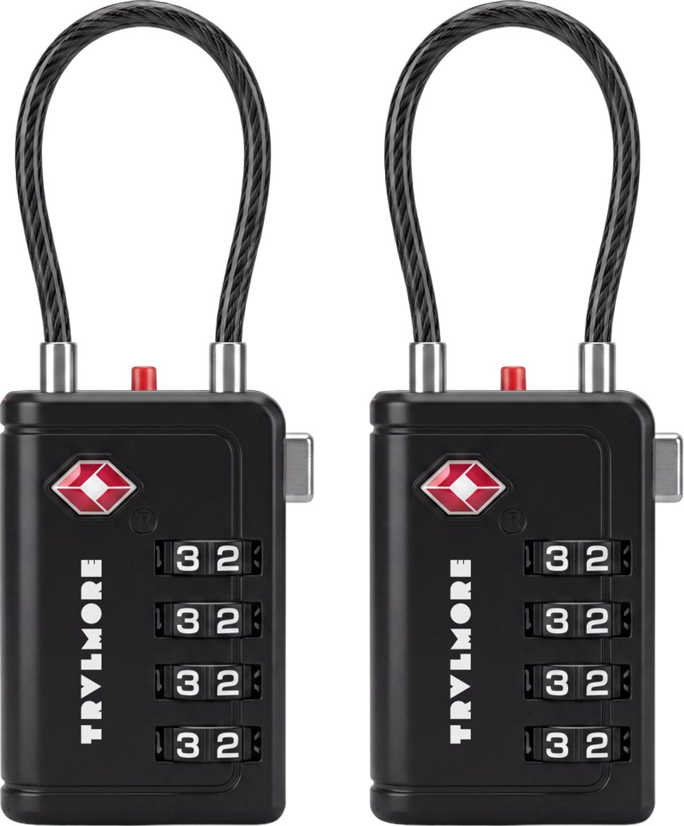 TRVLMORE Kofferslot met Kabel - TSA Gecertificeerd - Alarmfunctie - 4-Cijferig - 2 Stuks - Zwart