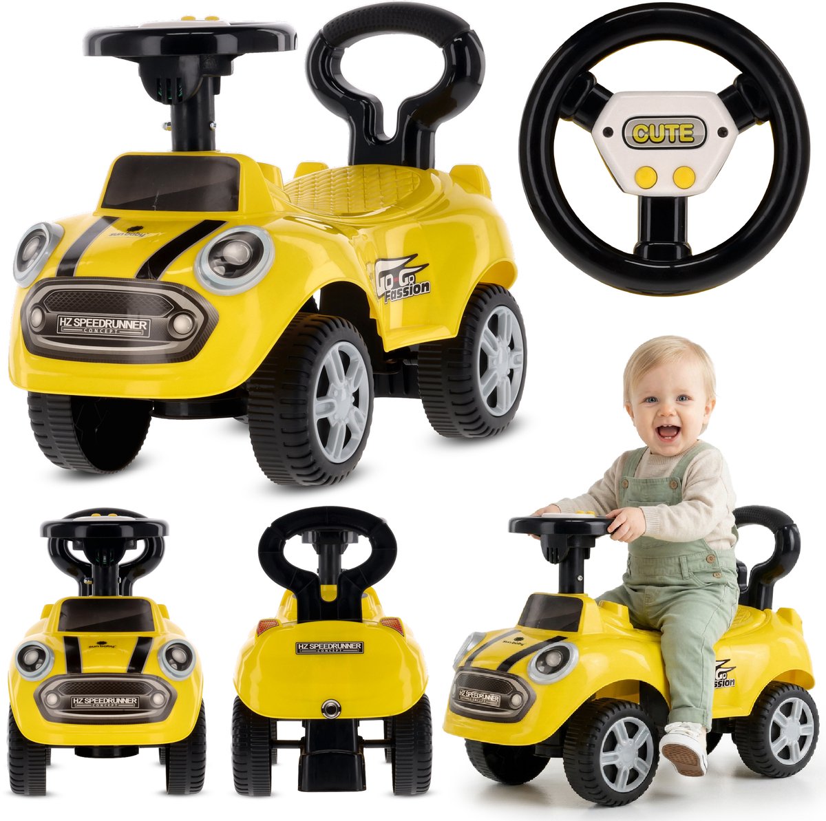 sun baby Loopauto vanaf 1 jaar, auto voor babys, indoor kinderauto met geluiden, grote kunststof wielen, Kantelbeveiliging, beperkt draaivermogen (Geel)
