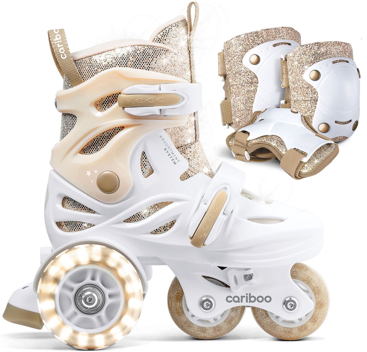 Cariboo Ballerina - Set kinderrolschaatsen - glittern goud beschermers - Led-wielen - Verstelbare maat (26-30)