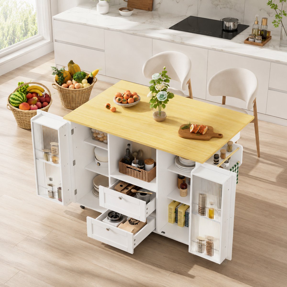 Keukeneiland buffetkast 120 x 45 (70) x 92 cm - Eetwagen - Vrijstaande keukenkasten - Met opbergruimte - Met 2 lades, kruidenrek en handdoekenrek - Voorzien van een opklapbaar werkblad - Vergrendelbare zwenkwielen - Natuurlijk houtkleur, wit