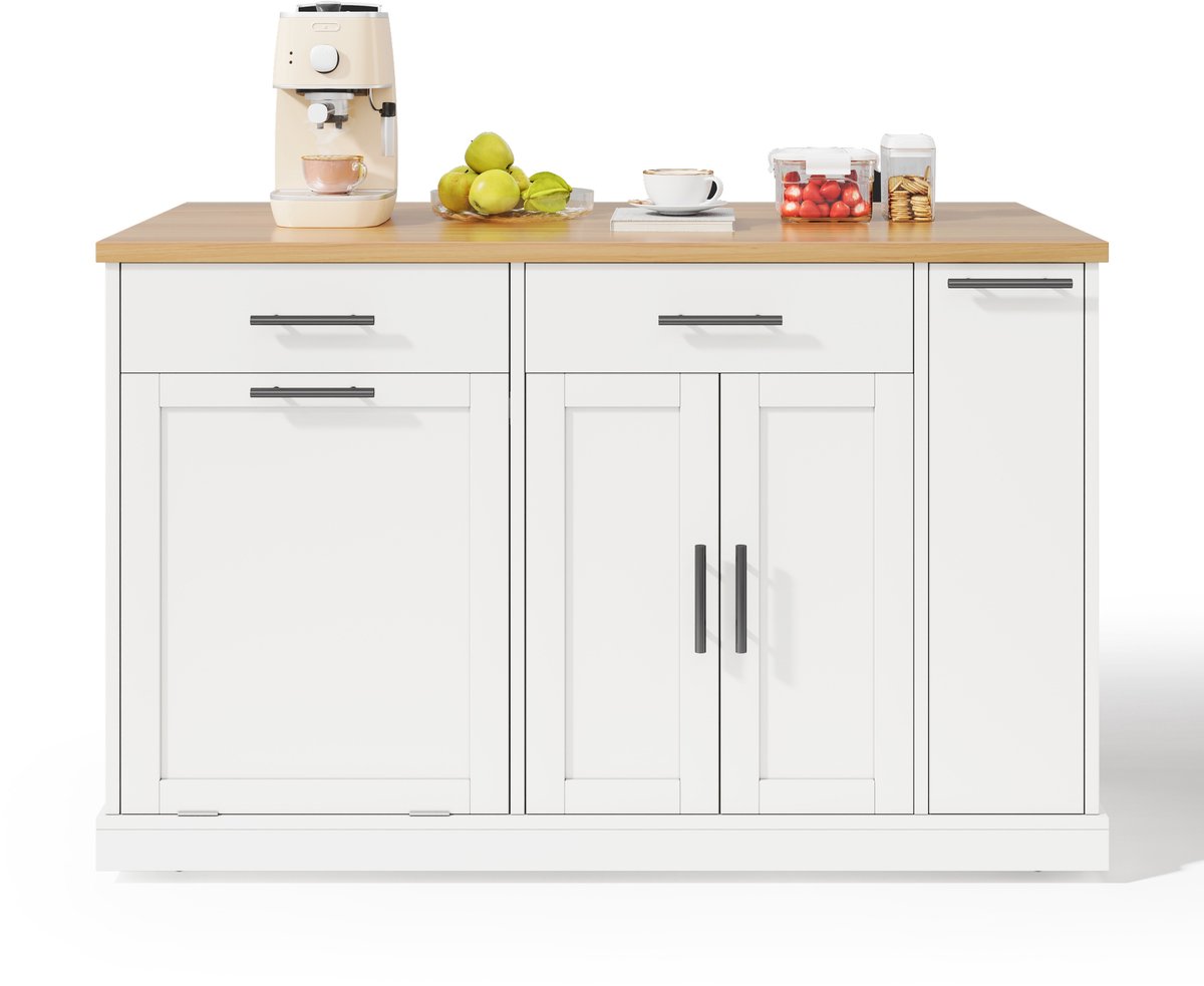 WELLTIN Keukeneiland op wielen met neerklapbaar werkblad, keukentrolley met afvalbak, kruidenrek met 4 lagen, 2 lades en vergrendelbare wielen - 120x45x93 cm - Wit