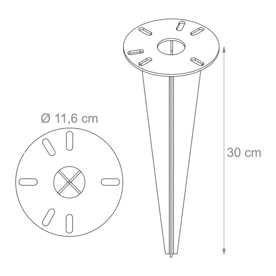Tekening van grondanker: 11,6 cm diameter, 30 cm hoog, met montagegaten.