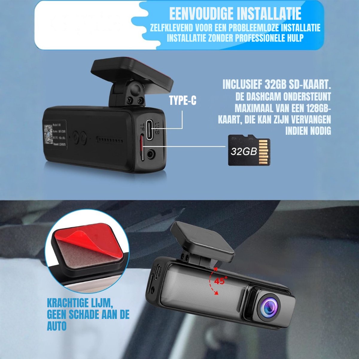 TIM® Dashcam voor Auto Voor en Achter - Dashcam - Zwart - 14cm x 6cm x 13cm – foto 8
