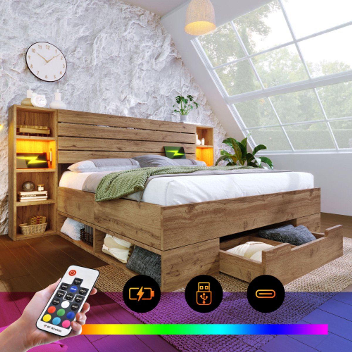 Zubaliya Tweepersoonsbed 180x200 cm met Opbergruimte, LED Verlichting, USB-C en USB, Eikenlook Houten bed met Opbergvakken, maximaal 272 kg draagvermogen Houtkleur