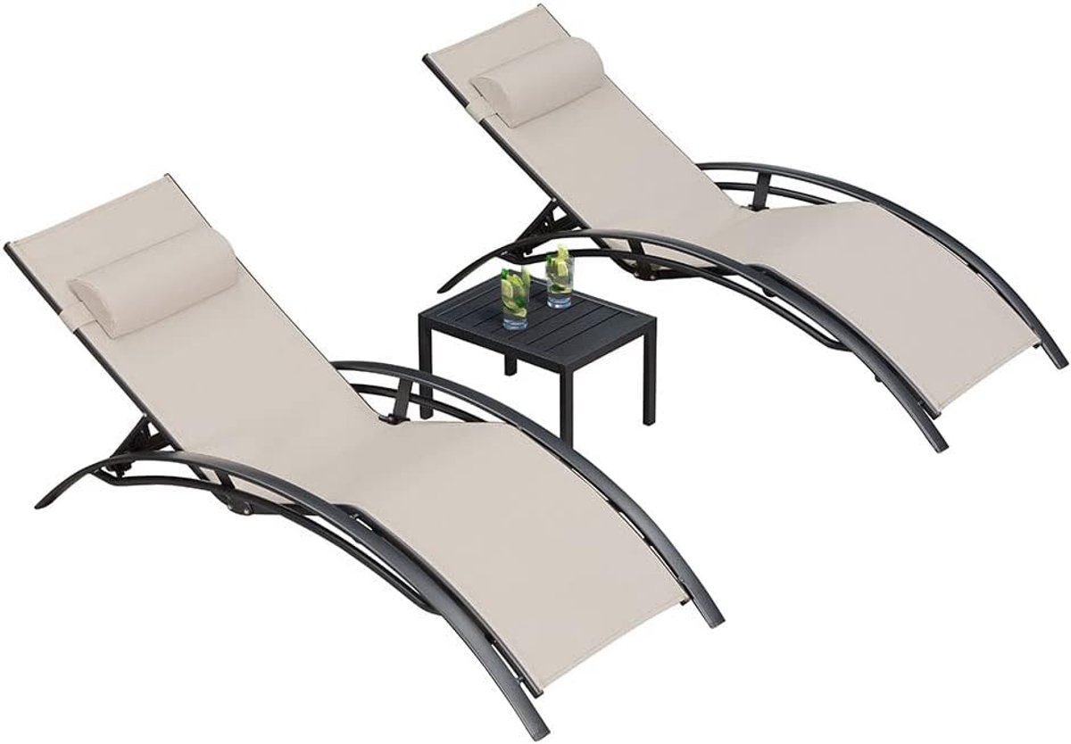 Purple Leaf Aluminium ligbedden met kussen - Set van 2 met bijzettafel - Khaki