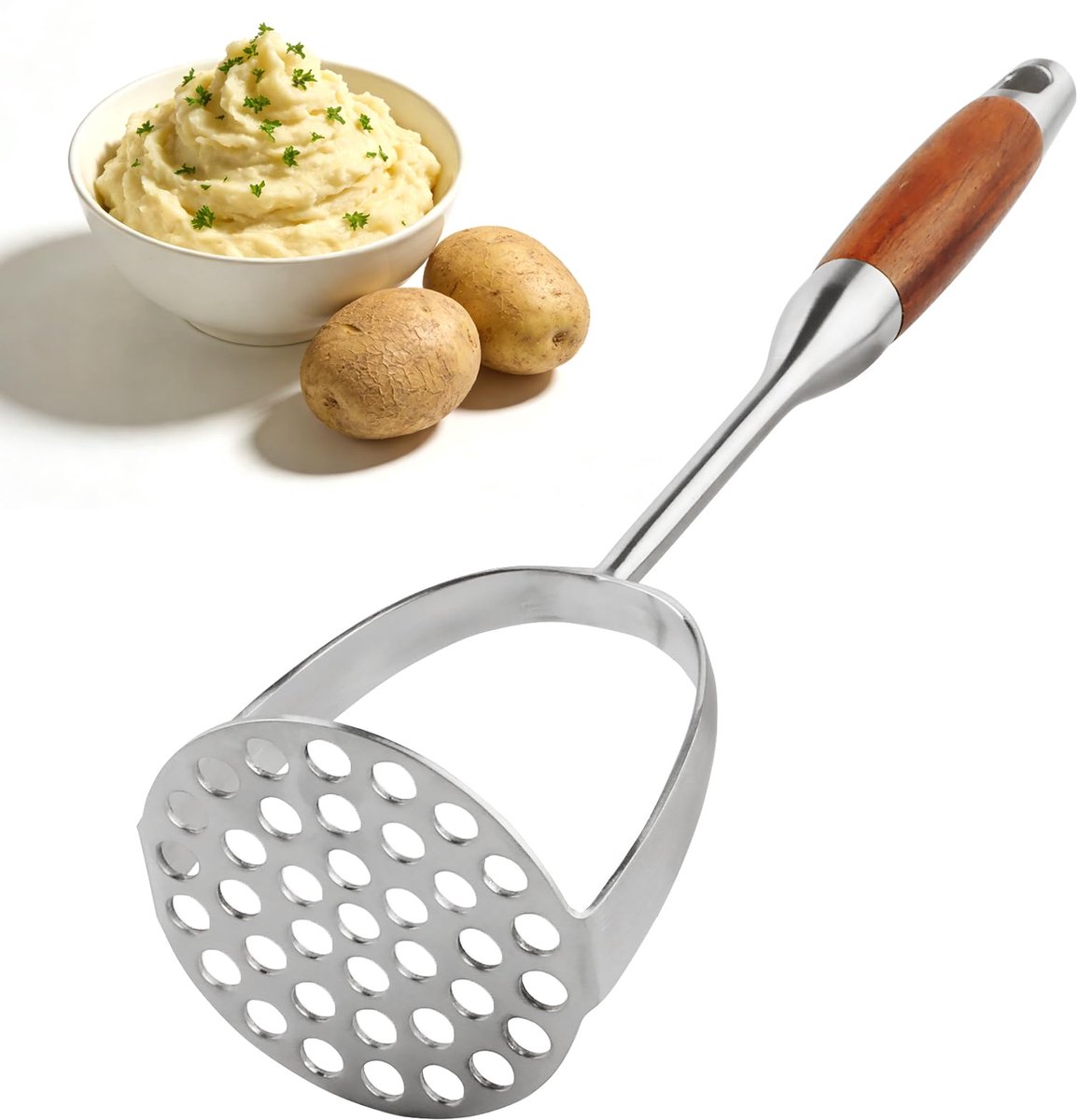 Premium Aardappelstamper van 304 rvs – Pureestamper met Honingraatpers – Ergonomisch, Stevig en Duurzaam Keukengerei