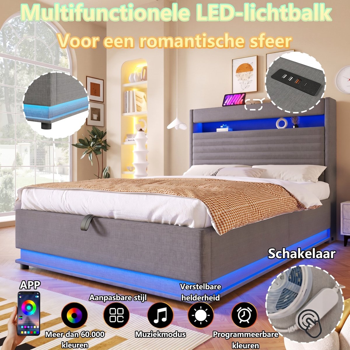 VVBV Bed met opbergruimte 140x200 / Gestoffeerd bed 140x200 / Tweepersoonsbed 140x200 – met Hydraulische Opbergruimte, LED-Verlichting, USB, USB-C – Linnen