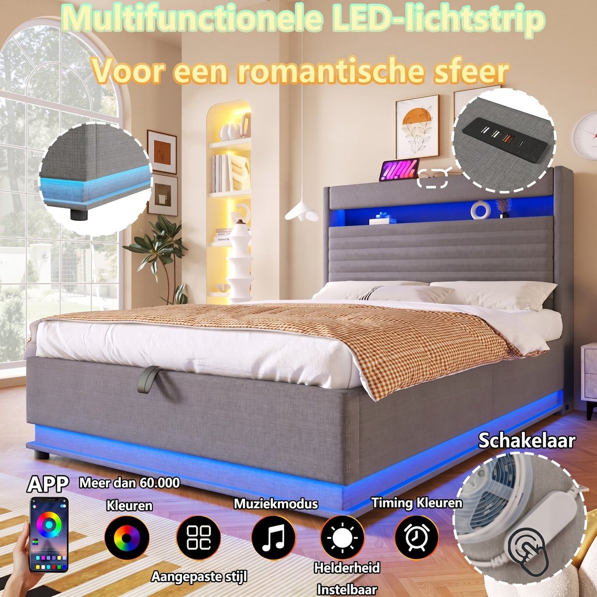 VVBV Bed met opbergruimte 90x200 / Eenpersoonsbed 90x200 – met Hydraulische Opbergruimte, LED-Verlichting, USB, USB-C – Linnen – Grijs – Zonder Matras Grey