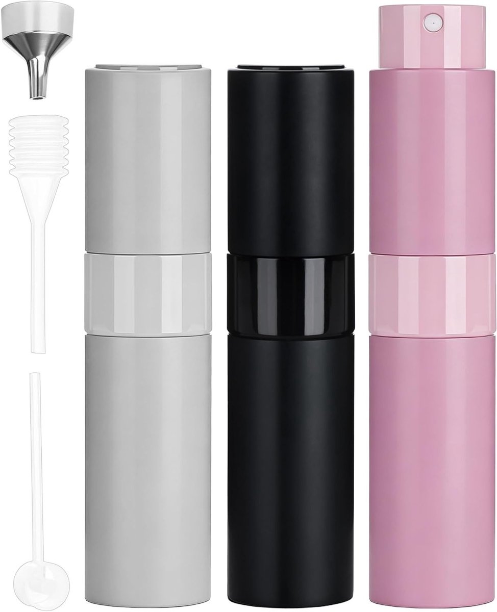 Set van 3 Navulbare Parfumatomizers van 10ml - Levenslange Levensduur, Lekvrije Reiskleurflessen voor Parfum en Aftershave - Zwart, Roze en Zilver
