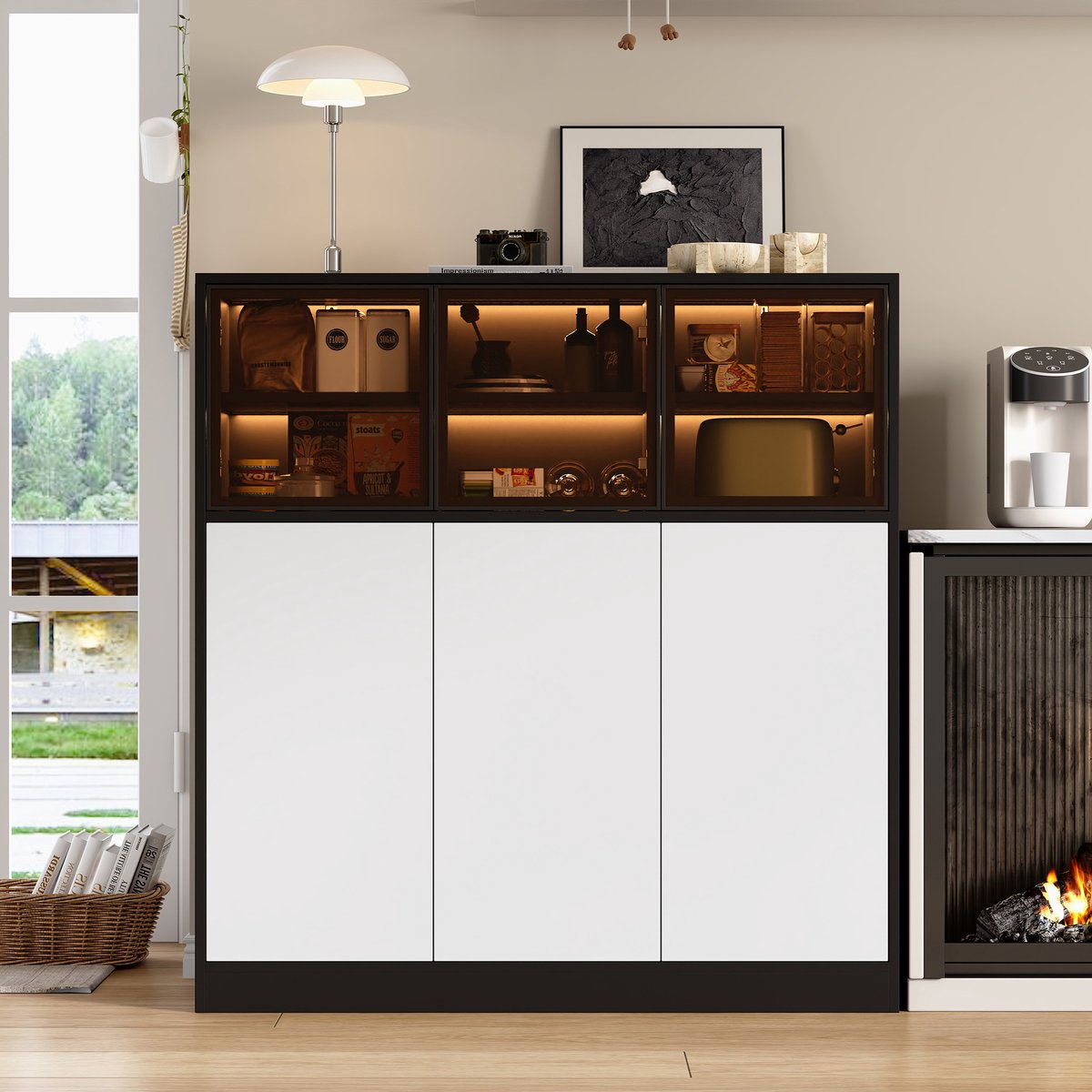 Dressoir Met LED Verlichting - Buffetkast Met Glazen Deuren En Opbergruimte - Zwart/Wit - 100x40x105 cm