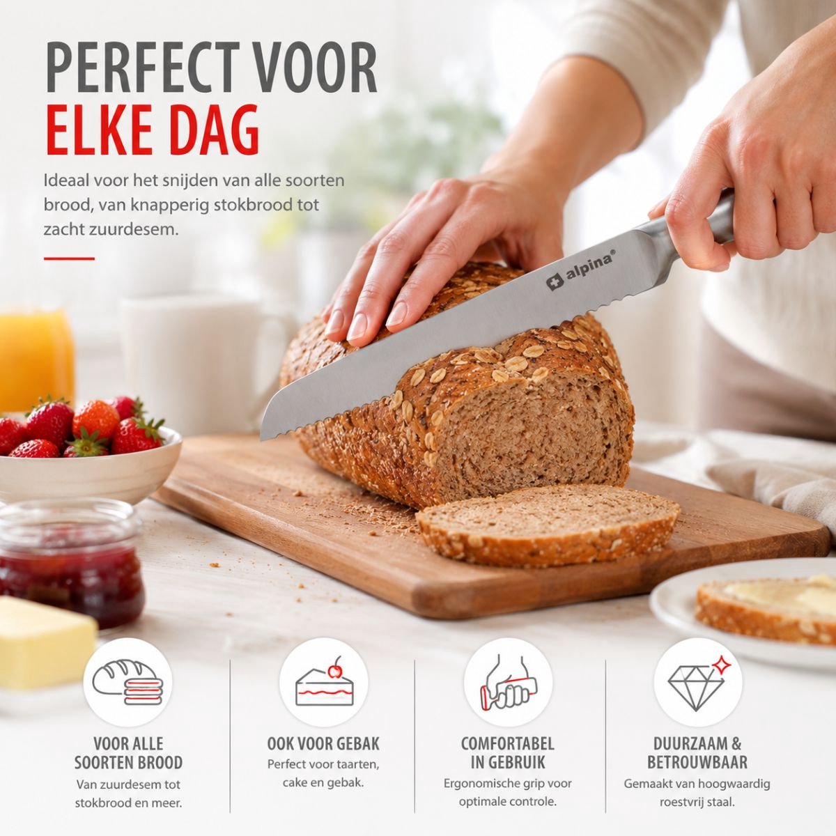 alpina Broodmes 33,5 cm - RVS Kartelmes met Ergonomisch Handvat - Gekarteld Mes voor Brood, Gebak en Meer - Vaatwasser Bestendig - Zilver — afbeelding 5