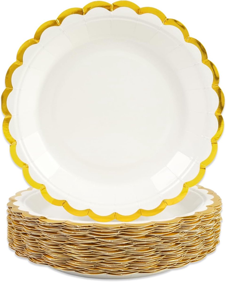JeiibrZui Wit Goud Feestborden - 23 Cm - 56 Stuks - Wegwerp Servies Met Golfrand Voor Bruiloft Verjaardag Jubileum