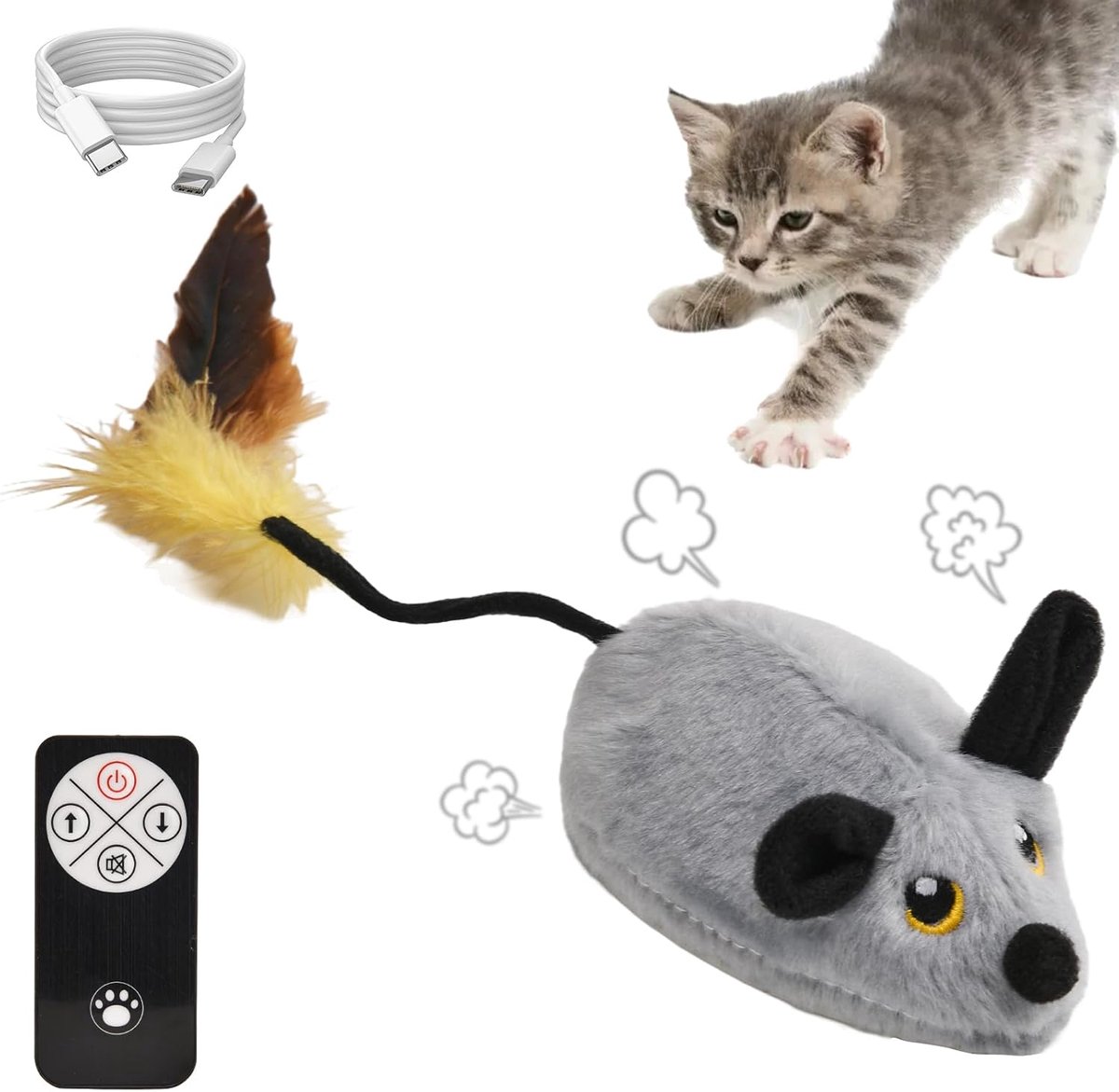 JeiibrZui Elektrische Speelmuis Voor Katten - Interactief Katzenspielzeug Met LED-Licht - USB Oplaadbaar Robot Muis - Realistische Geluiden - Grijs