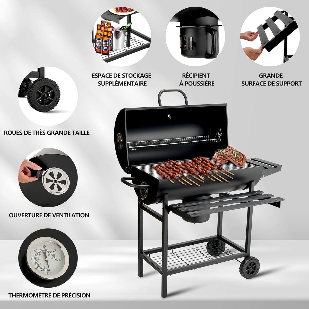 Houtskool Barbecue Grillwagen XXL – House&Garden Premium BBQ met Deksel, Thermometer, Aslade, XXL Grillrooster, Ventilatiesysteem, Verstelbare Bodem, Zijplank & Wielen – Outdoor Tuinbarbecue van Roestvrij Staal Zwart