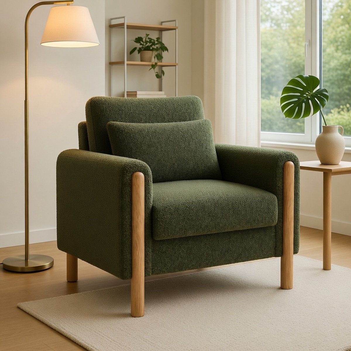 Komhtom - Moderne fauteuil met dik kussen - comfortabele eenpersoonsfauteuil met zachte bekleding - relaxfauteuil voor woonkamer, kantoor of slaapkamer - groen