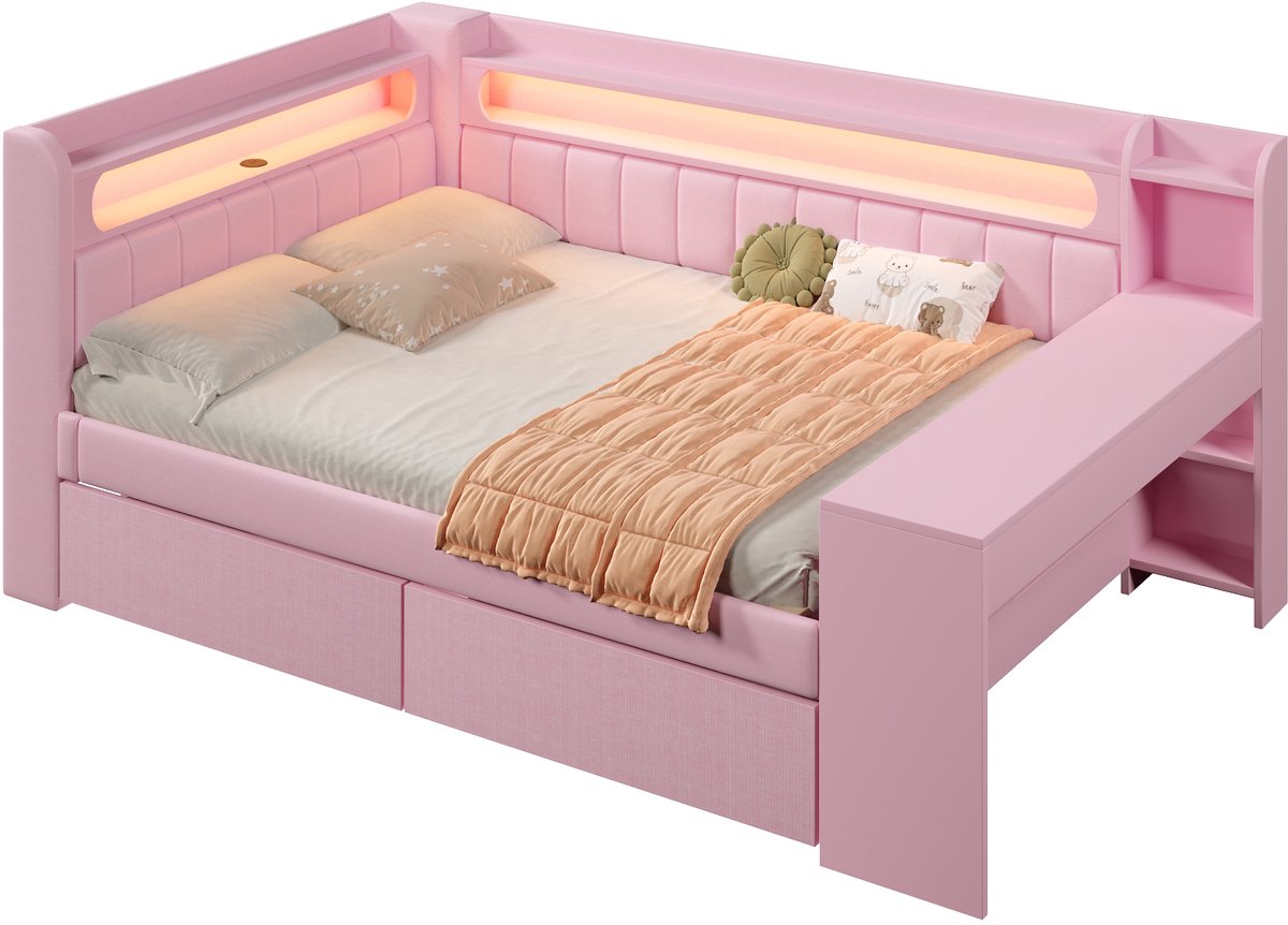 Merax 140x200cm slaapbank - met USB-poort en LED-verlichting - met bureau en 2 laden - roze - zonder matras
