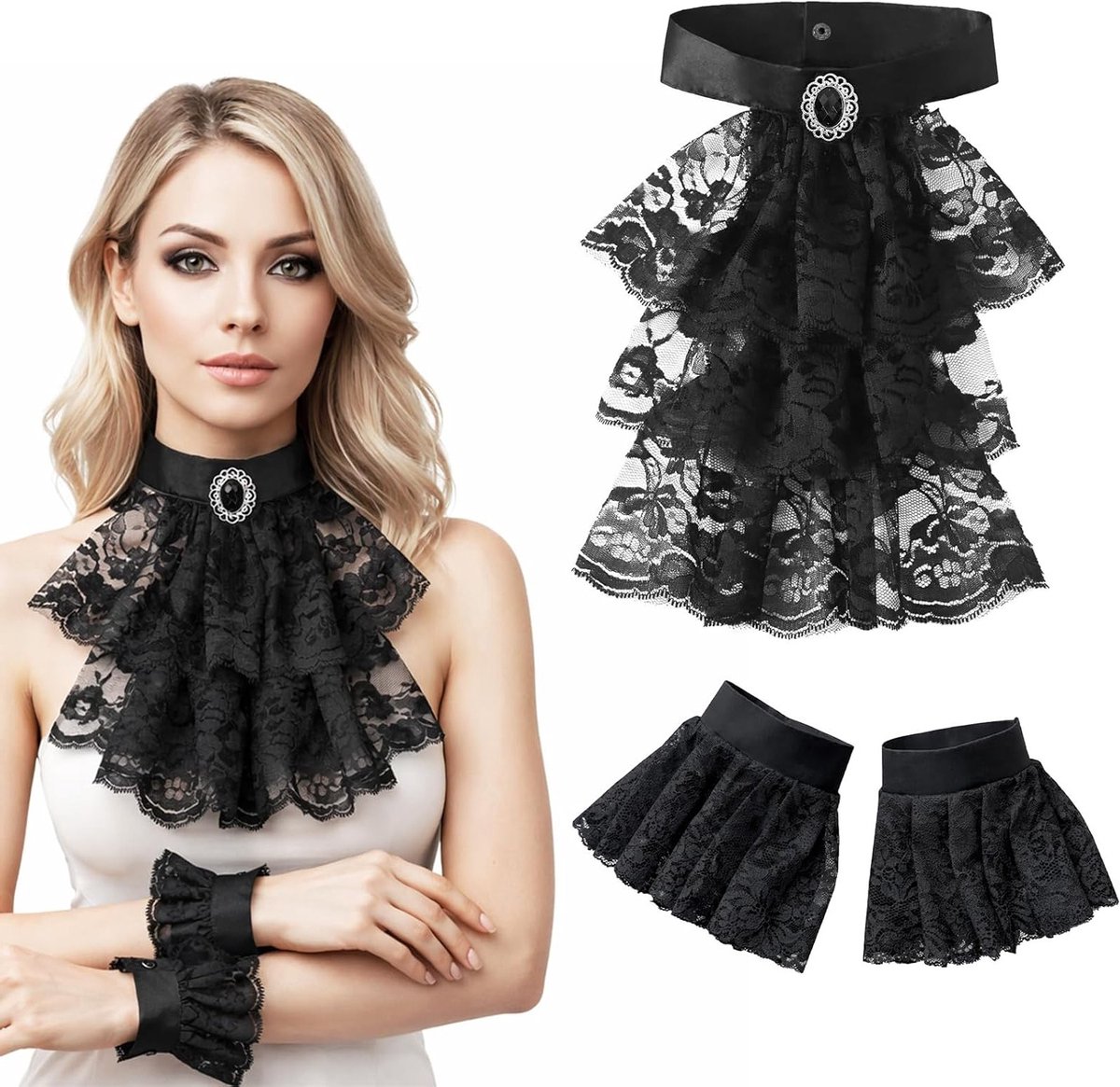 Victoriaanse Kanten Jabot met 2 Manchetjes voor Gothic Steampunk Vampier Kostuum Accessoire voor Carnaval, Halloween en Cosplay Feesten