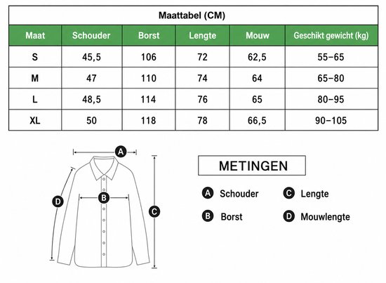 Maattabel en meetinstructies voor overhemden.