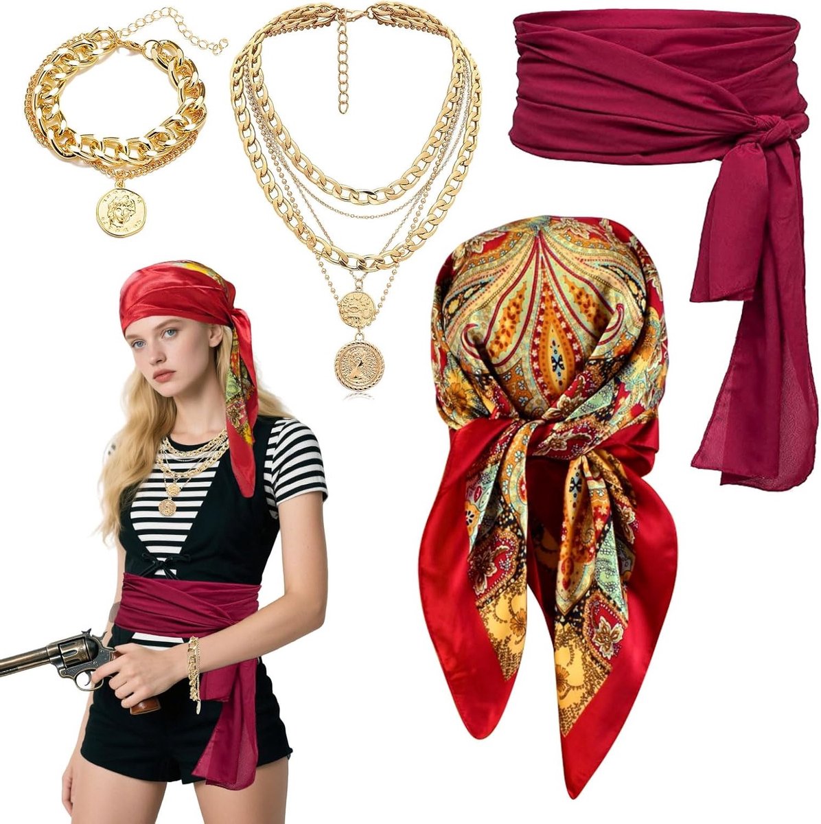 Piratenkostuum Accessoires Set voor Volwassenen - Bandana, Sjerp, Riem, Ketting en Armband voor Halloween Feest en Themapartij