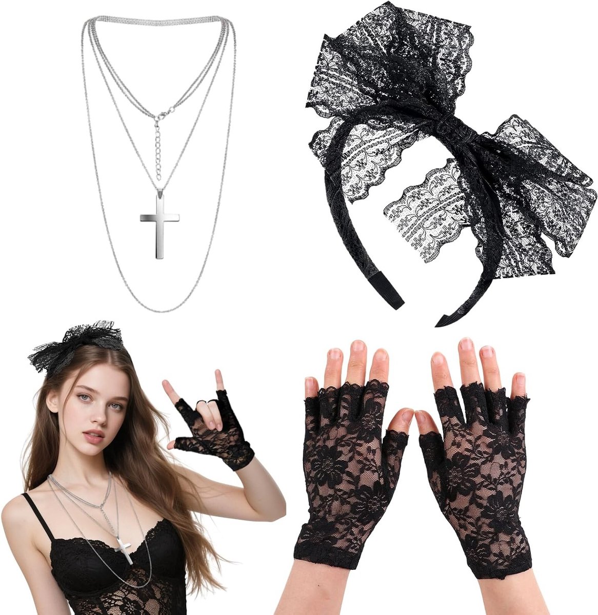 80s Retro Kostuumaccessoires voor Dames, Inclusief Kanten Haarband, Visnet Handschoenen en Ketting voor Feestjes en Thema-avonden