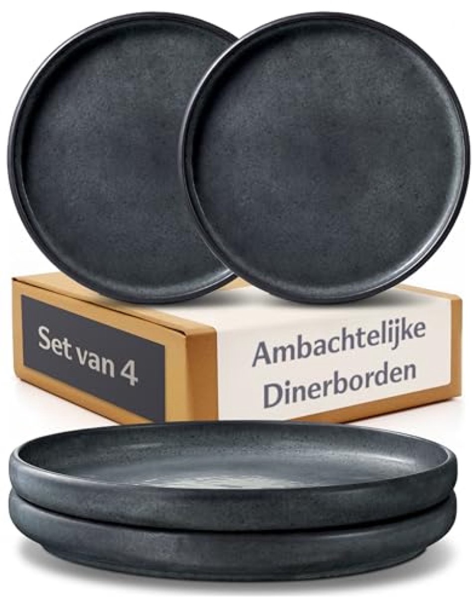 Dinerborden Set 4 Stuks – Keramiek Borden Ø26 cm In Zwart – Serviesset Voor 4 Personen – Minimalistisch Design – Magnetron & Vaatwasser Bestendig