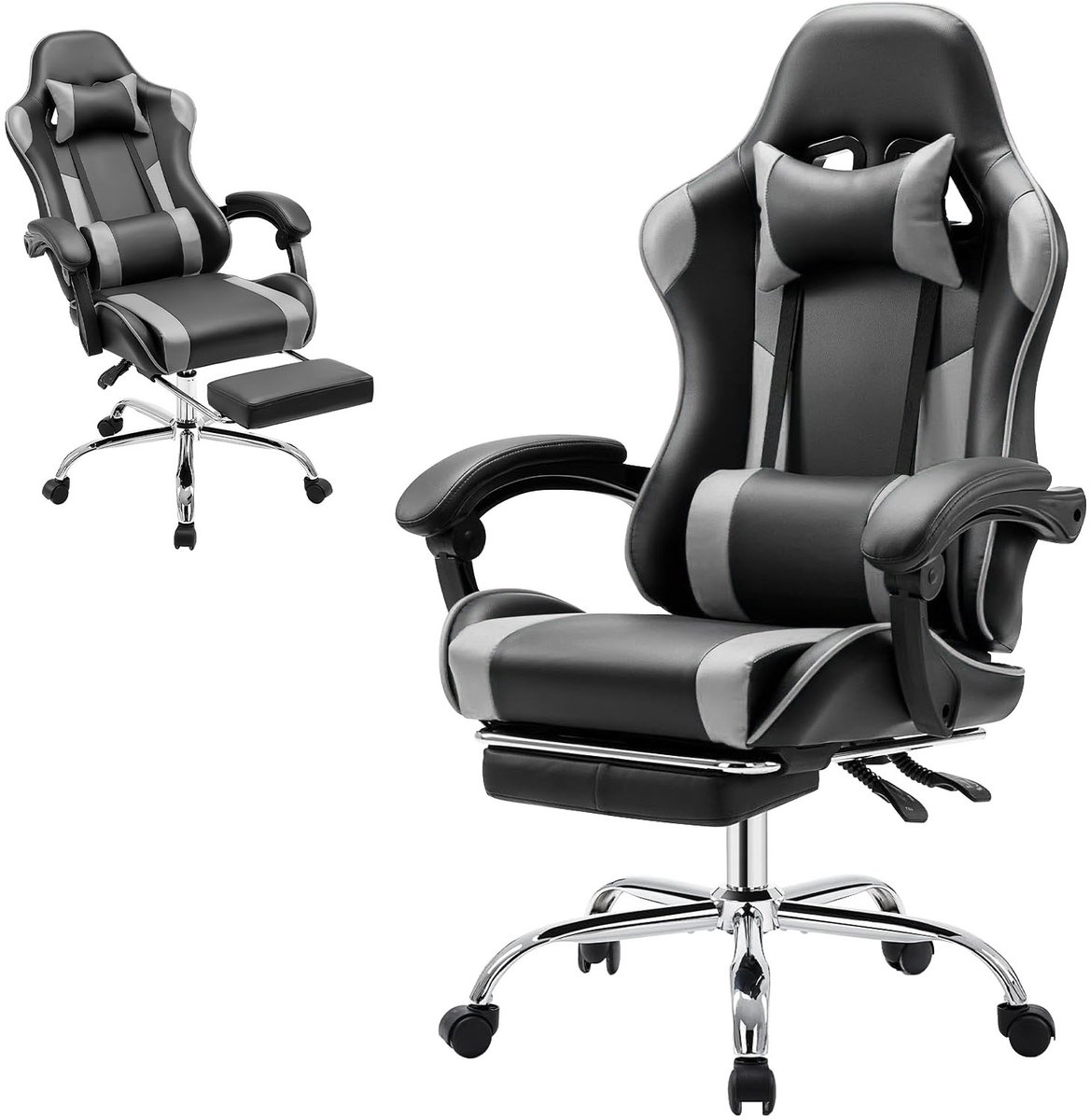 Gamingstoel / Ergonomische Bureaustoel - Kunstleer - Met Voetensteun, Hoofdsteun & Lendenkussen - Verstelbare Hoogte - 125 kg Draagvermogen