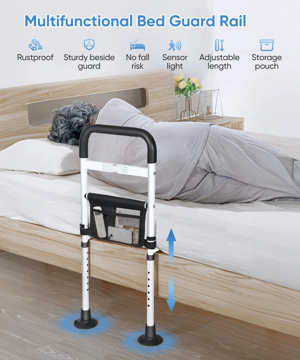 Calivari Verstelbare Bedbeugel voor Ouderen – Veilig Uit Bed Stappen – Bedrail met Handgreep en Opbergvak – Anti-Slip – Tot 180KG