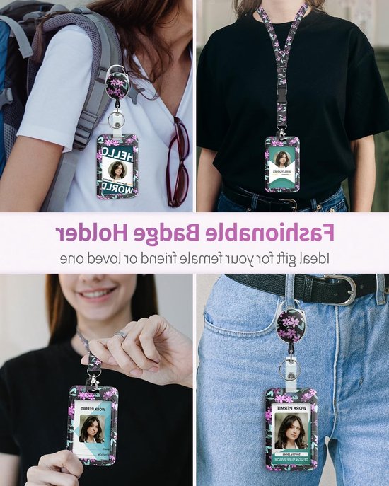 Floral Sliding Badge Holder met Roze Bloemen, Retractable Badge Reel, Carabiner Clip en Afneembare Lanyard Strap voor Professioneel Gebruik — afbeelding 2