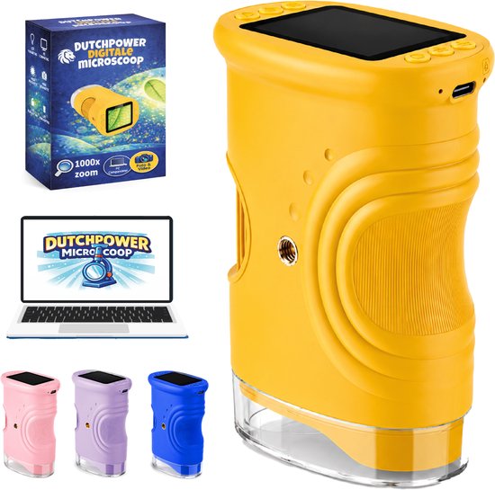 DUTCHPOWER Digitale Microscoop 1000x-4K-voor Kinderen – Draagbare Handmicroscoop met Foto & Video – STEM Educatief Speelgoed voor Ontdekken in Tuin en Natuur – Geschikt voor 4 t/m 12 jaar-Geel