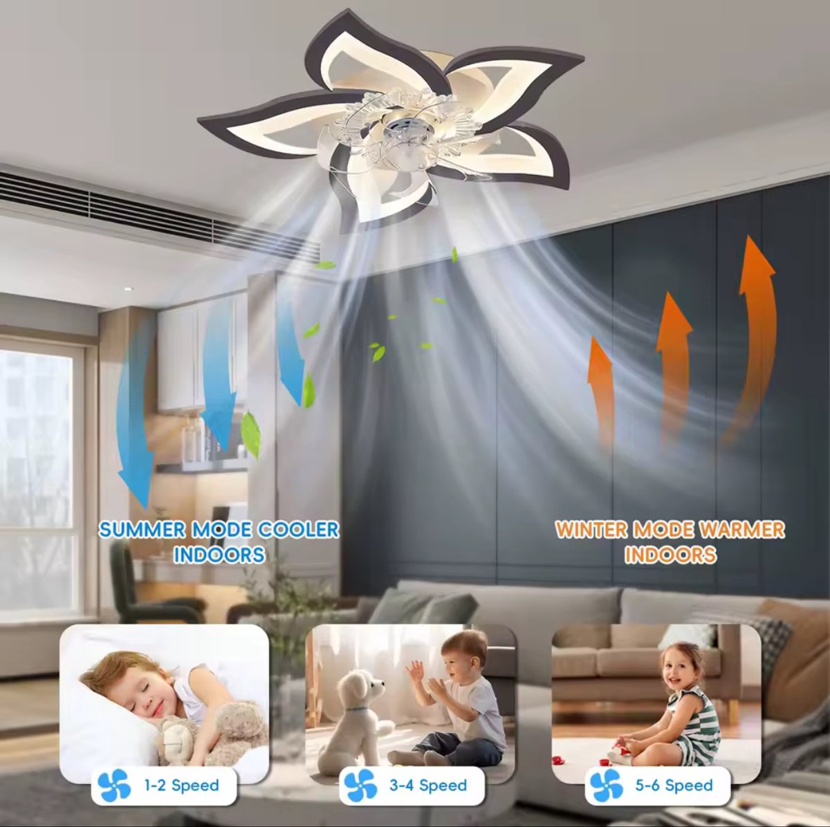 Plafondventilator - Lotus - Met Verlichting - Plafond Ventilator Lamp - LED Verlichting - Met Afstandsbediening - Dimbaar - Smart Lamp - Wit