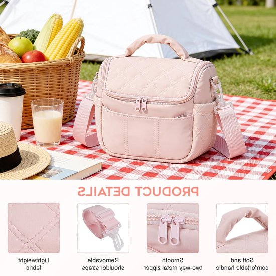 Schattige Geïsoleerde Koeltas voor Dames, Multifunctionele Lunchtas voor Werk en Picknick, Lekvrije en Zachte Koeltas in Roze Kleur — afbeelding 2