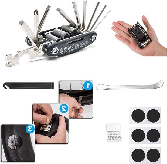 Fietsreparatieset - Bandenset Fiets - Onderweg Repareren - 16-in-1 Tool - L - Zwart — afbeelding 3