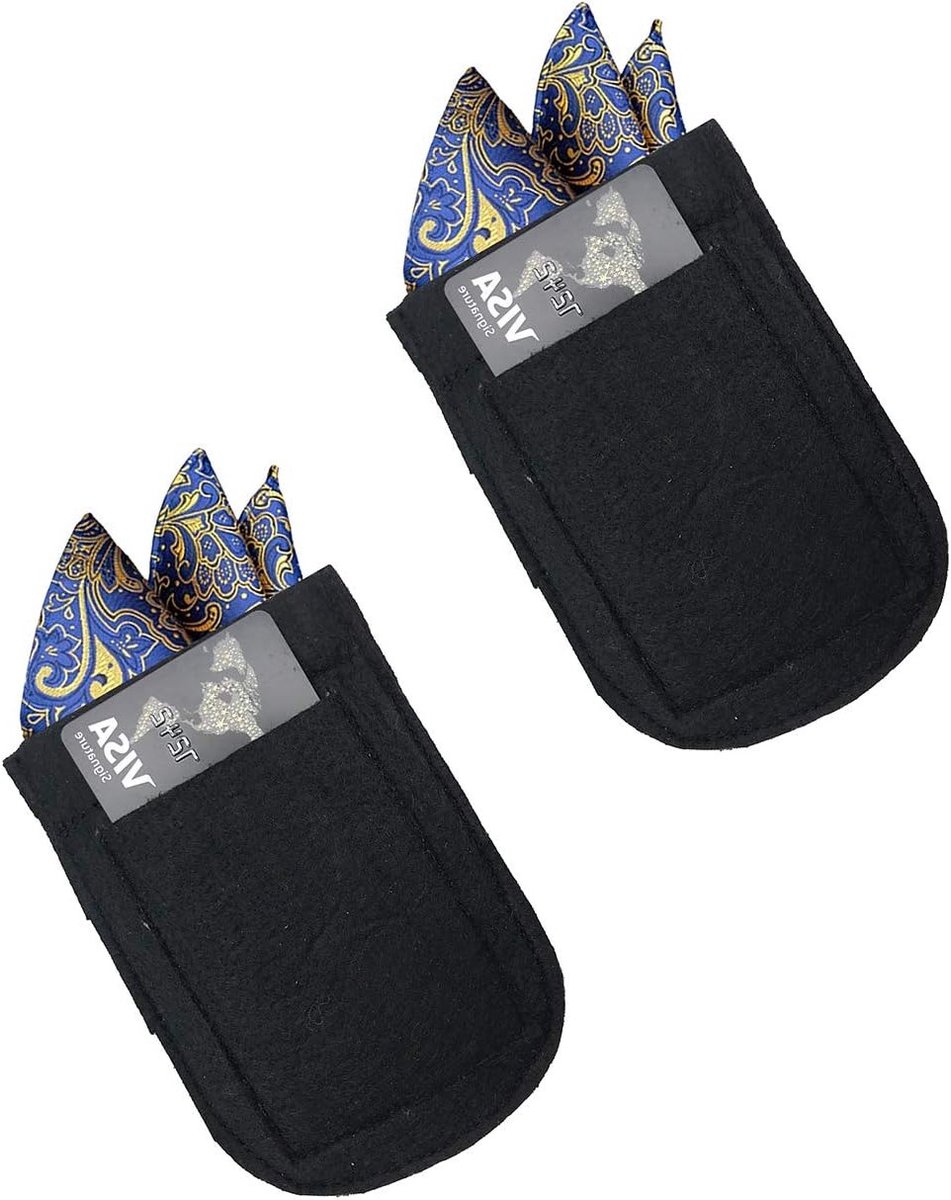 Stijlvolle 2-Pack Zwarte Pocket Squares en Kaarthouders voor Mannen, Microfiber met Elastische Sluiting, Handkerchief Organizer voor Pak en Kostuum, 12.5 x 8.5 cm