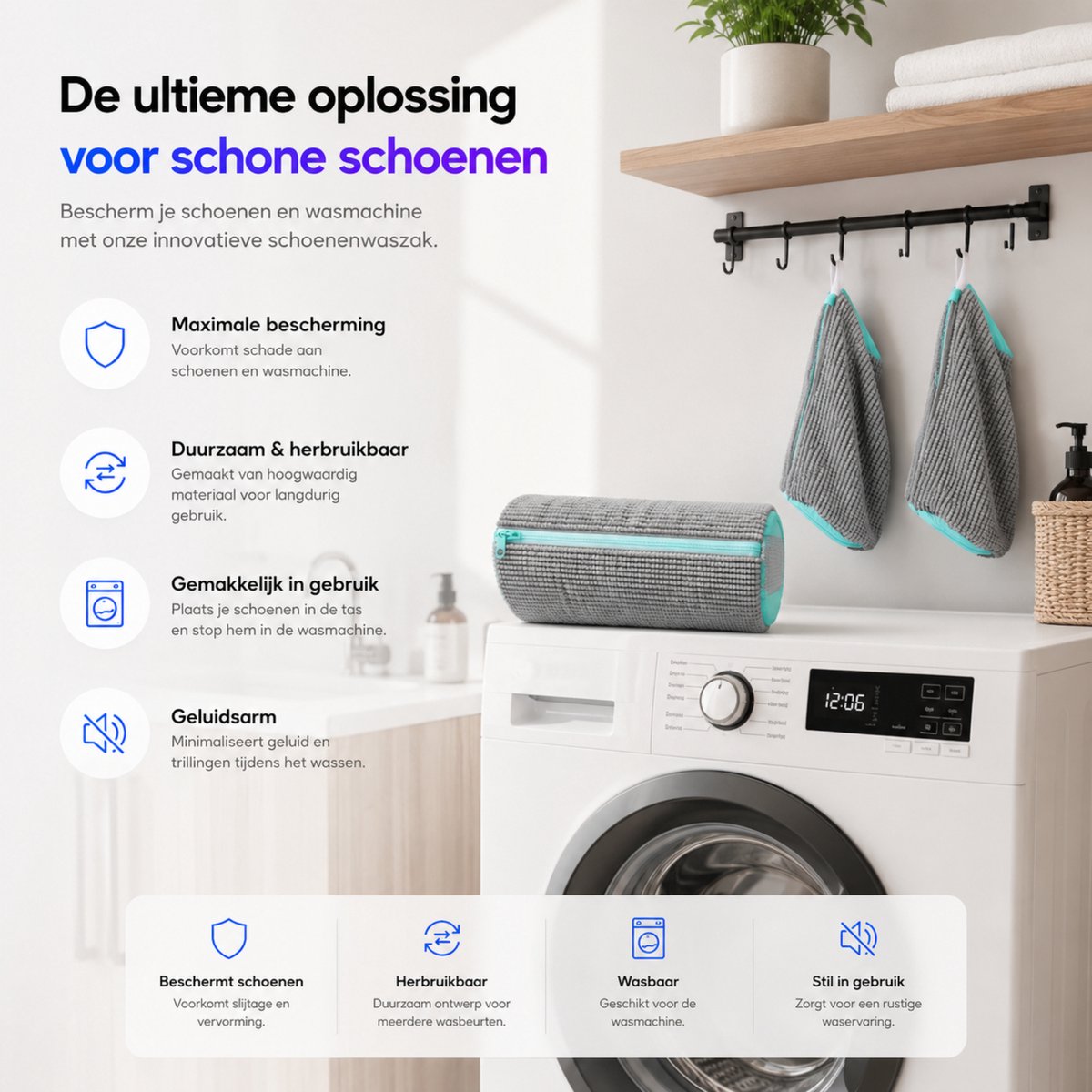 BOTC Schoenwaszak - Waszak voor schoenen - 2stuks - Herbruikbaar - Wasmachine&Droger - voor Sneakers en Tennisschoenen- Grijs/Blauw — afbeelding 2