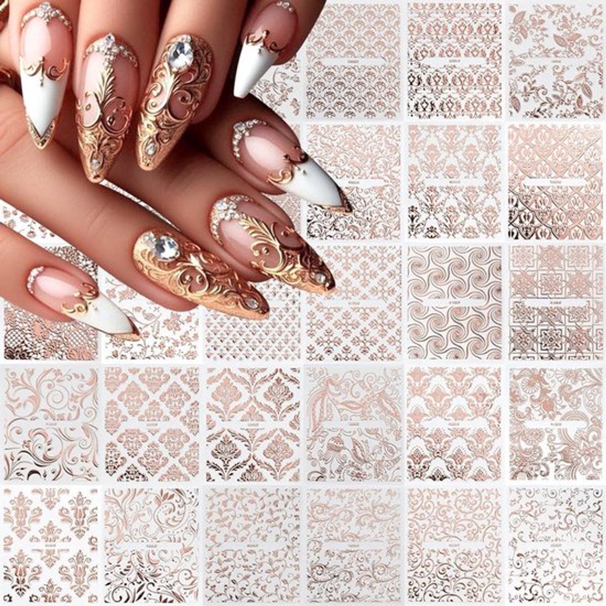 Bloemen nagelkunststickers, roze-gouden rand, zelfklevende nagelstickers