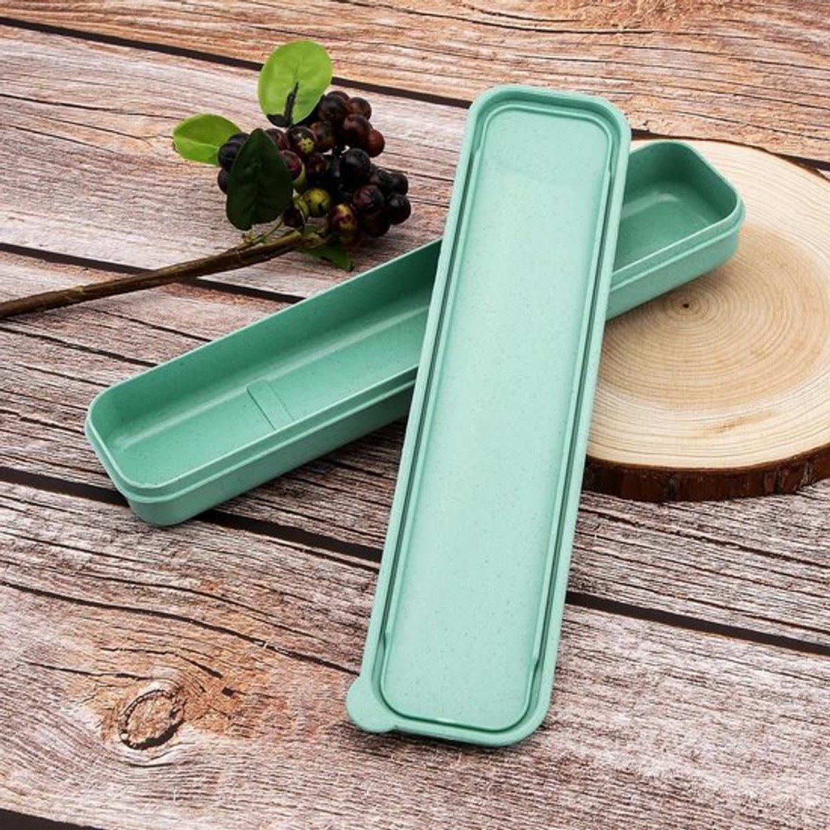 Herbruikbare tarwestro reisbestekdoos voor picknick en kamperen - Groen