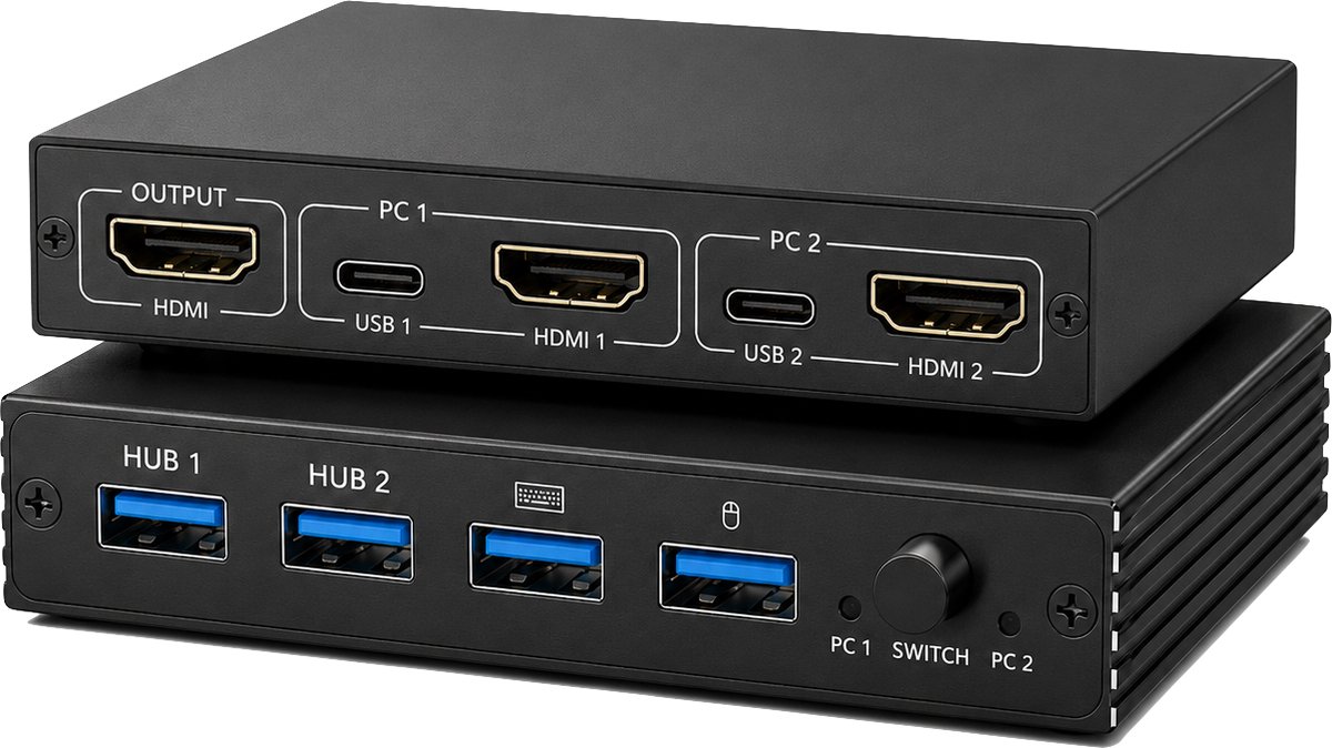 Rolio KVM Switch - 2 PC's delen - USB switch - 4K HDMI - Apparaten aansluiten op 2 Computers/Laptops - Zwart