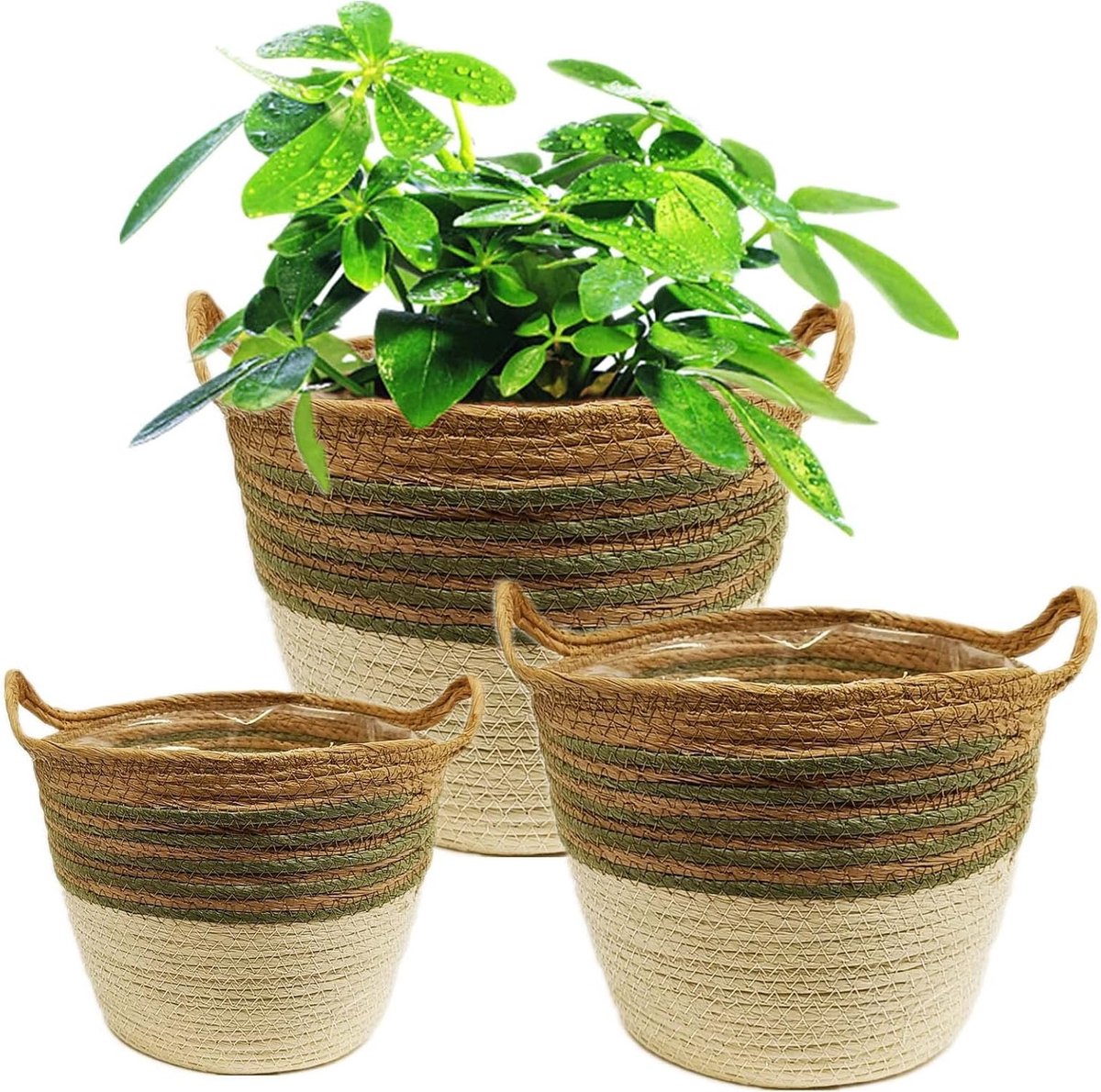 Set van 3 Bloembakken voor Binnenplanten met Waterdichte Plastic Voering - 18 cm, 22 cm, 25 cm, Perfect voor Huiskamer en Balkon