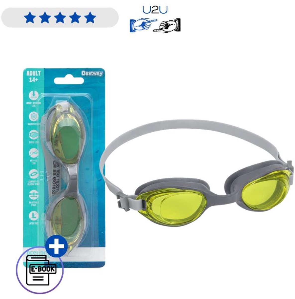 Bestway Zwembril 21051 Grijs Geel - Zwem Goggles Voor Volwassenen 14+ - Anti Fog Lenzen Met UV Bescherming - Verstelbare Zwembril Voor Zwembad En Open Water - Comfortabele Pasvorm Latexvrij Zwemmasker Met Ebook