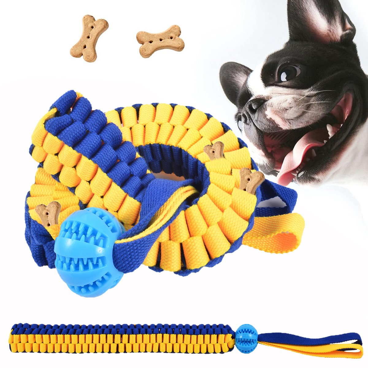 1 Hondenspeelgoed - 62,5 × 4 cm - Slowfood Touwtrekspeelgoed - Voerverstopfunctie - Traint het reukvermogen van de hond - Interactief speelgoed voor plezier - Hondensnoepjes & Educatief speelgoed - Geel, Blauw